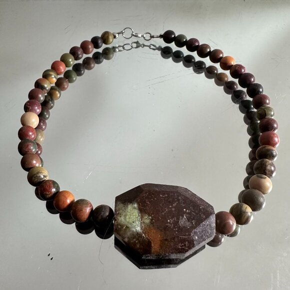 Choker Necklace Sterling Silver Picasso Jasper Chrysoprase Gemstone Handmade - Picture 4 of 7